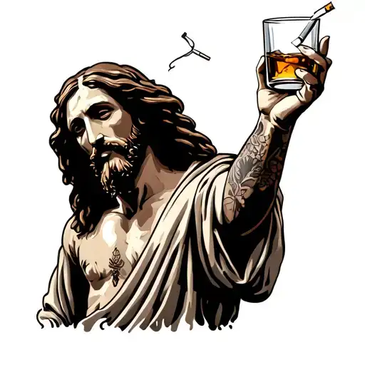 Jesus is depicted on the "wasted" poster with a cigarette in his right hand, a glass of whiskey in his right hand, tattoo design idea