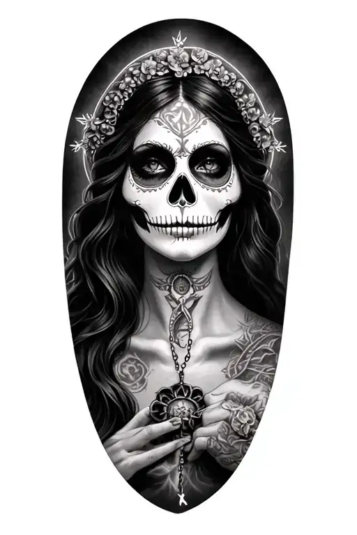 Catarina with Santa Muerte High of the chest makeup with a rosary with a rosary tattoo design idea