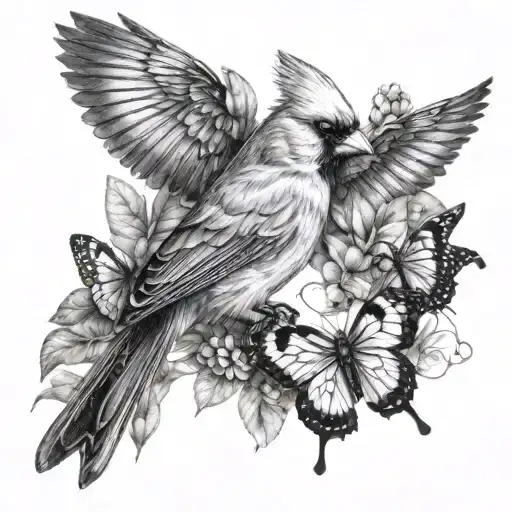 cardinal and butterflies tattoo design idea