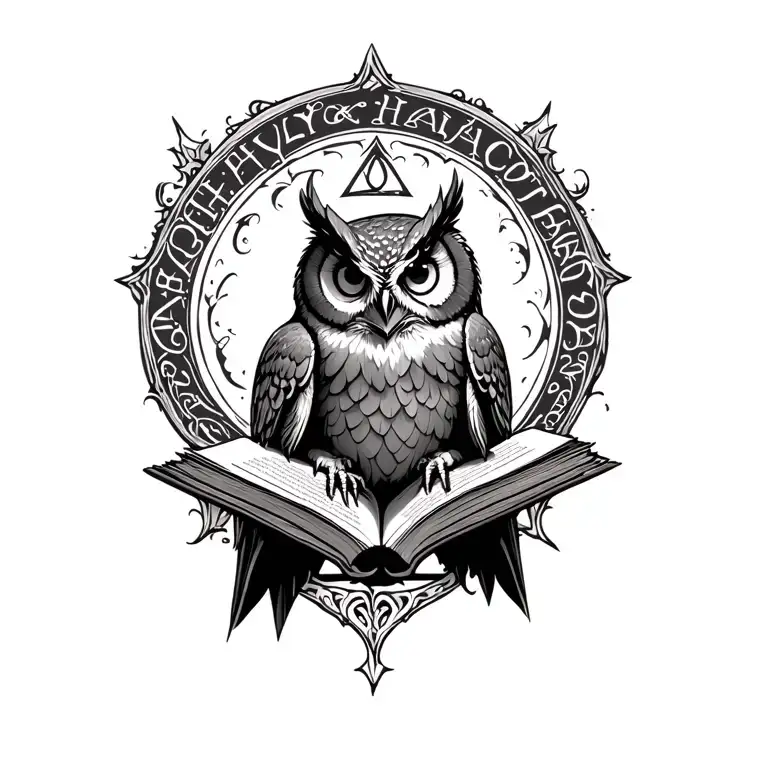owl sitting on the open book where the sign od deathly hallows on the list is tattoo design idea