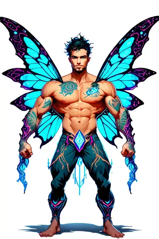sexy adult gay male faery cartoon bodybuilder, playful, magical, nudism, erotica tattoo design idea