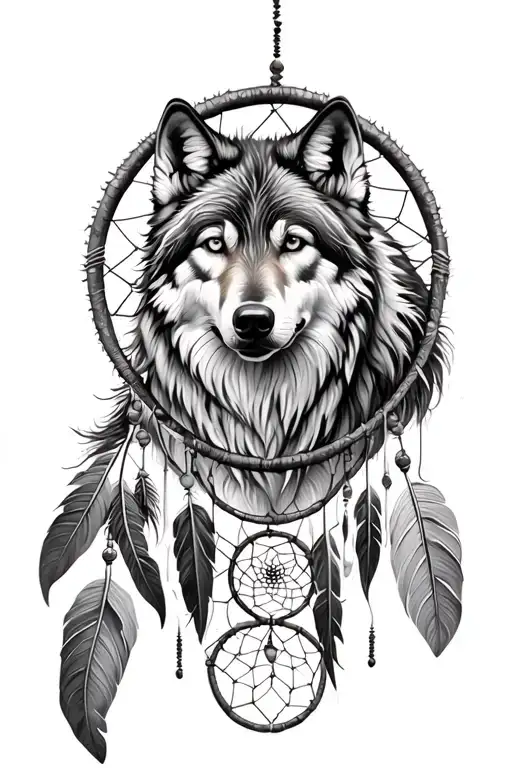 black and white wolf with dreamcatcher tattoo design idea
