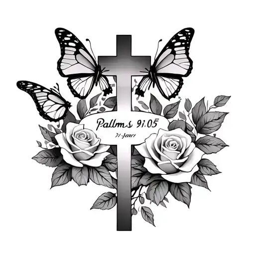 Lillie's and roses with butterflies with cross in the middle that's had writing saying psalms 91:05 tattoo design idea