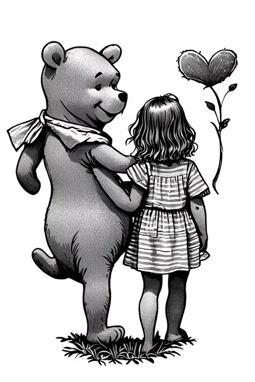 silhouette of winnie the pooh and a little girl holding hands walking away tattoo design idea