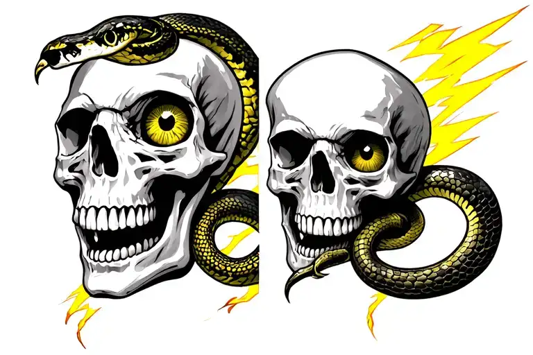 Skull with a snake in the eye, bw, Skull right snake till left, yellow thunder on the background (the only part colored) tattoo design idea