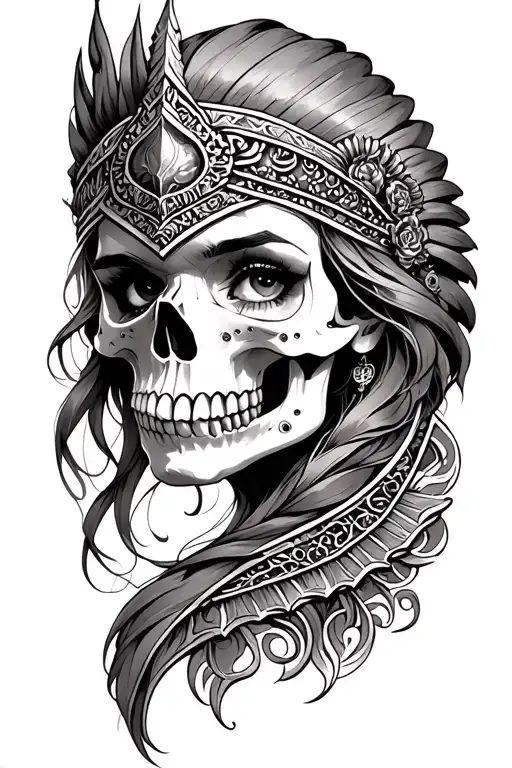 half warrior female face half skull tattoo design idea