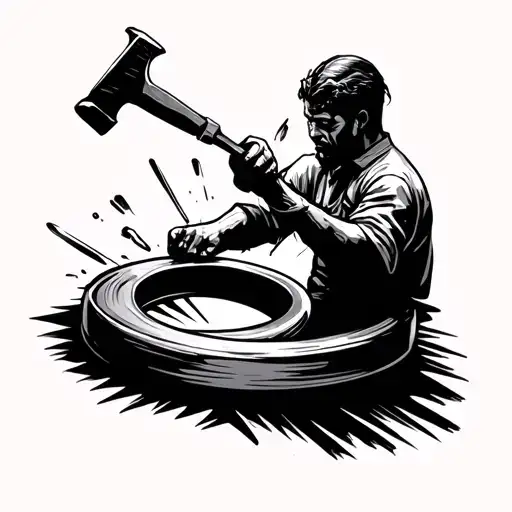 shadow of a man working on a ring with hammer and chisel tattoo design idea