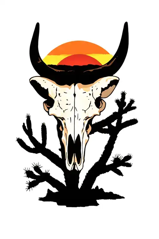 desert cactus sun setting bull skull tattoo design idea