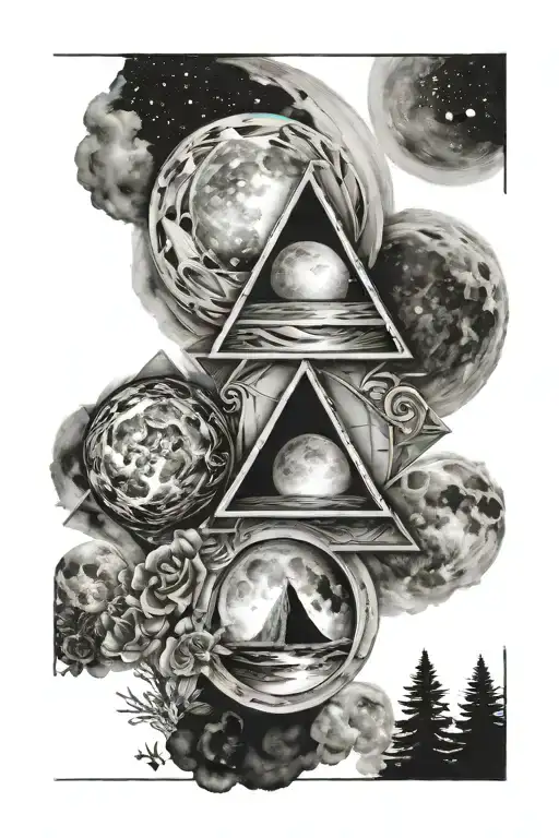 moons inside 3 triangles tattoo design idea