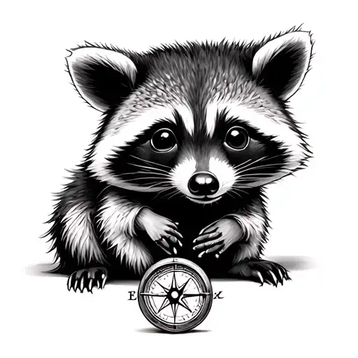 baby racoon sitting holding a compass rose tattoo design idea