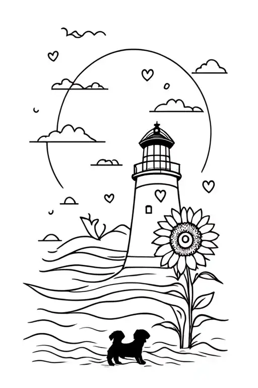 nautical, sunrise, sea, lighthouse, cape cottage with heart on it, small sunflower and small furry black labrador tattoo design idea