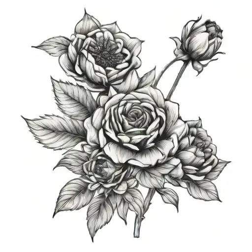 January, July and October birth flower bouquet fine line tattoo design idea
