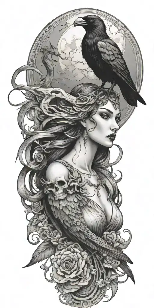 goddess of death, raven, snake, moon tattoo design idea