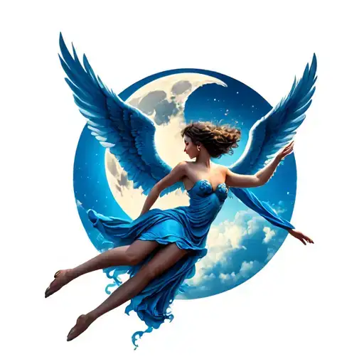 sexualized Blue Angel flying horizontally with fabric trailing behind her moon in the background  tattoo design idea