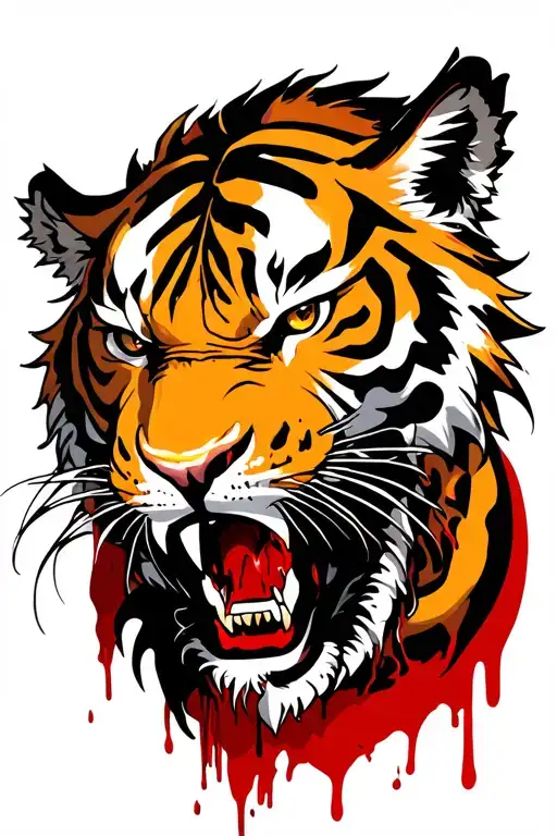 an evil tiger with battle scars and blood dripping from its mouth that is protecting a dragon tattoo design idea