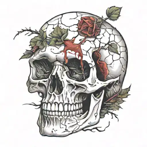 Broken Skull, No Jawbone, black Bloody Thorny diadem, cracked skull, bloody skull, missing bottom teeth. decrepit. tattoo design idea