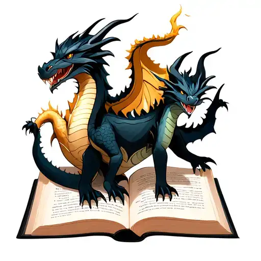 A open book with One small dragon being gold. another big dragon being black and one medium size dragon being dark blue  tattoo design idea