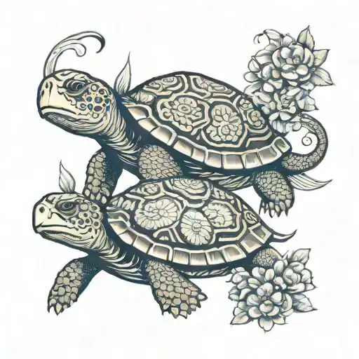 A turtle with a snake with flowers and a seaturtle with half of the turtle shell is with Hawaiian muster on it and the n tattoo design idea