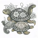 A turtle with a snake with flowers and a seaturtle with half of the turtle shell is with Hawaiian muster on it and the n tattoo design idea