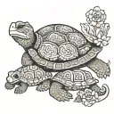 A turtle with a snake with flowers and a seaturtle with half of the turtle shell is with Hawaiian muster on it and the n tattoo design idea