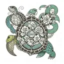 A turtle with a snake with flowers and a seaturtle with half of the turtle shell is with Hawaiian muster on it and the n tattoo design idea