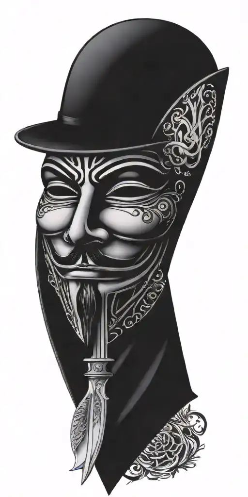 v for vendetta mask, hat holding knifes, rosses. qr code tattoo design idea