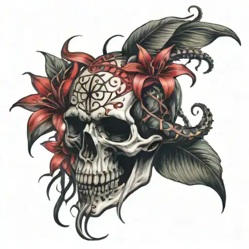 skull snake red spider lily tattoo design idea