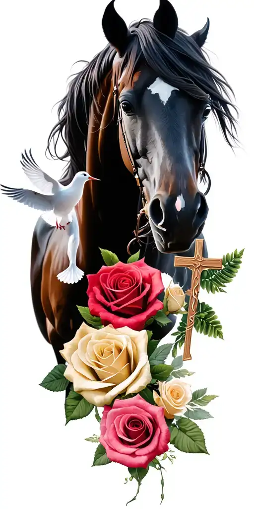  roses, doves, cross, horse, the word ‘family’ in  tattoo design idea