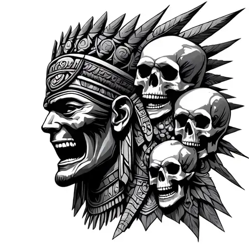 Aztec god surrounded by skulls tattoo design idea