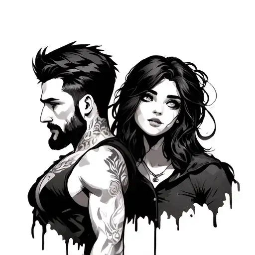 Falling in love with a pair of a man with short hair with gray eyes brutal pumped beard and girl fragile brunette tattoo design idea