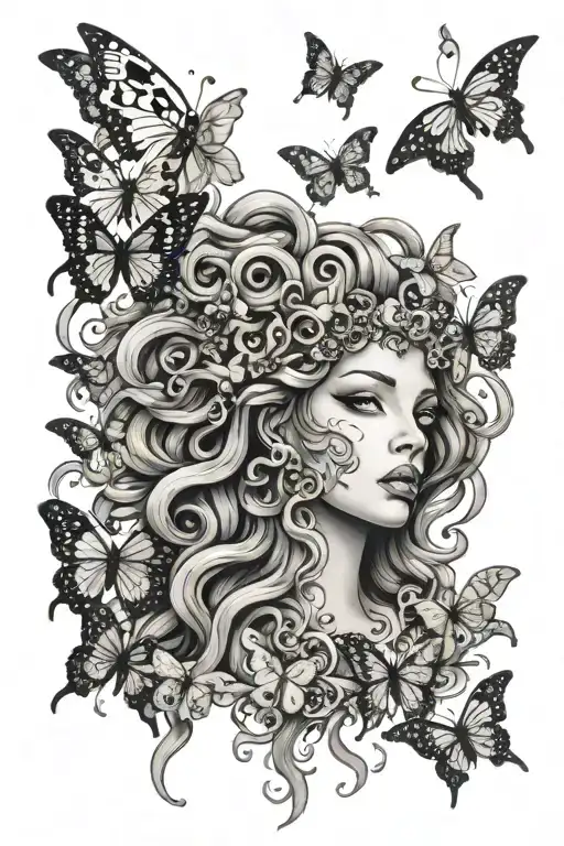 Medusa surrounded by Butterflies tattoo design idea