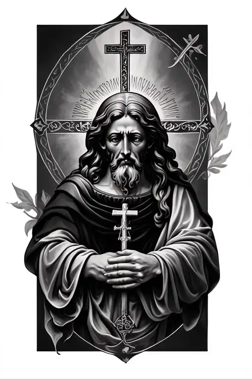 “Realistic black and grey tattoo sleeve design for upper arm, shoulder, bicep, and tricep, themed around Catholicism. Ce tattoo design idea