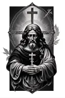 “Realistic black and grey tattoo sleeve design for upper arm, shoulder, bicep, and tricep, themed around Catholicism. Ce tattoo design idea