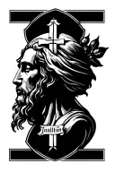 “Realistic black and grey tattoo sleeve design for upper arm, shoulder, bicep, and tricep, themed around Catholicism. Ce tattoo design idea