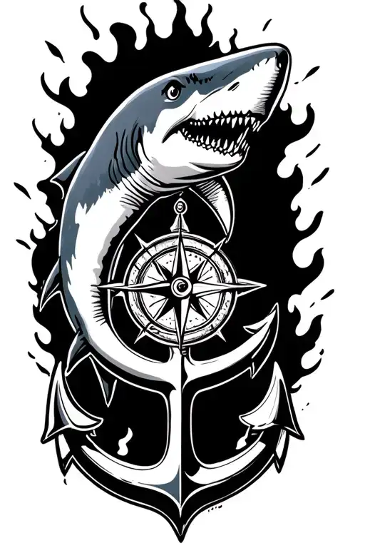boat anchor and compass shark emerging victoriously from the ashes tattoo design idea