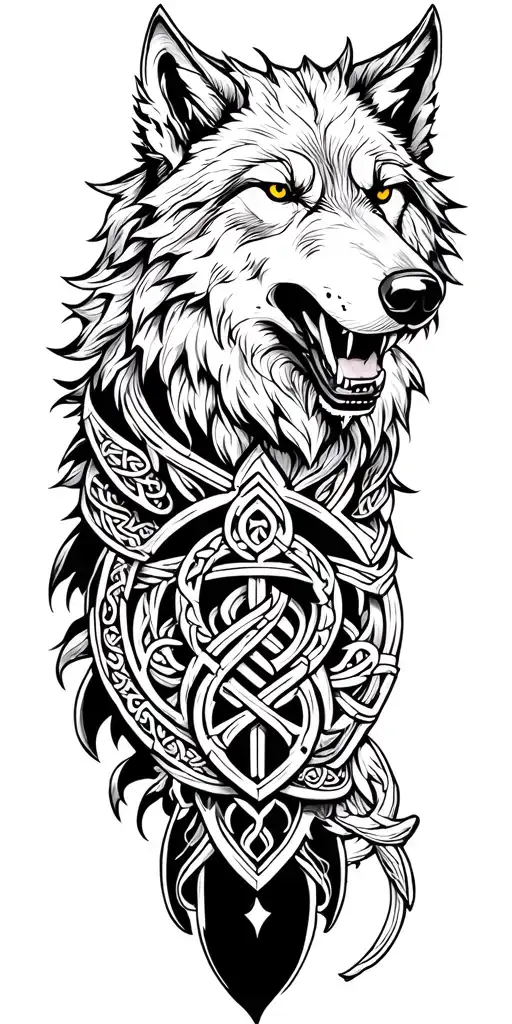 Celtic wolf surrounded by armor  tattoo design idea