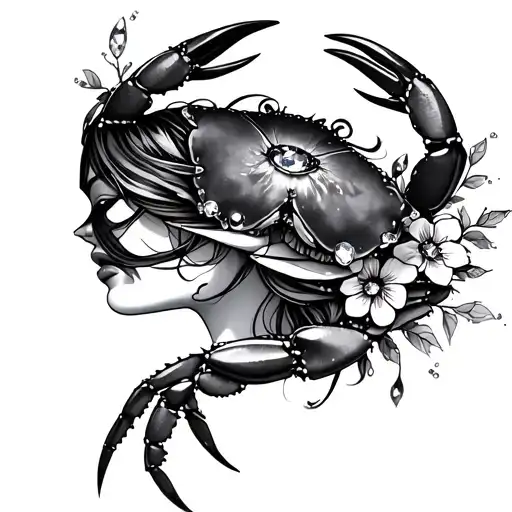 zodiac crab with crystals and floral lady head profile tattoo design idea