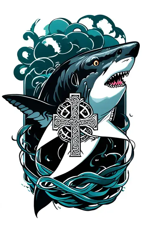 shark with celtic cross wrapped tattoo design idea