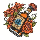 fireball whiskey bottle holding blue carnation flower tattoo design idea