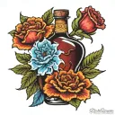 fireball whiskey bottle holding blue carnation flower tattoo design idea