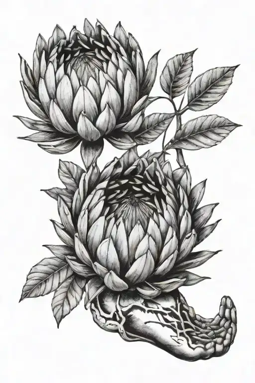 fine art tattoo of a protea flower entangled with a picture of a baby foot print from the hospital tattoo design idea
