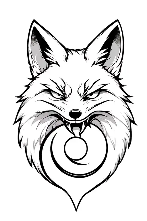 Black and white engraving style drawing. Fox with mad frenzied gaze holding a Crescent moon in his mouth. Full-length in tattoo design idea