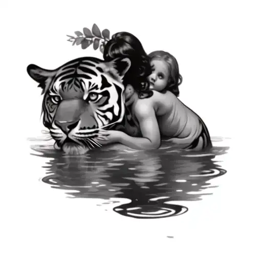 a little angel playing in the water and seeing a tiger face in ilthe water tattoo design idea