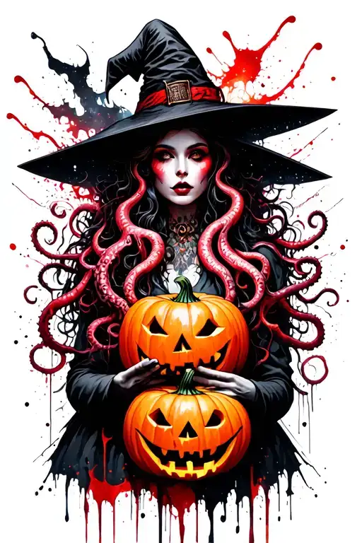 witch holding jack-o'-lantern, tentacles, space, eldritch tattoo design idea