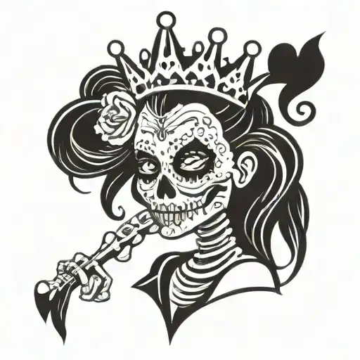 cartoon skeleton holding a girl with clown makeup and a princess crown  tattoo design idea