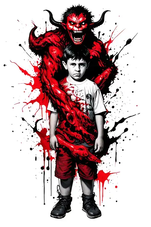 a boy standing with a scary demon wrapped around him tattoo design idea
