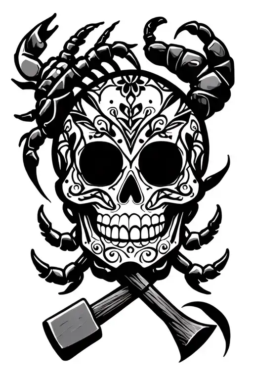 mexican sugar skull with a scorpion and hammer tattoo design idea