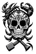 mexican sugar skull with a scorpion and hammer tattoo design idea