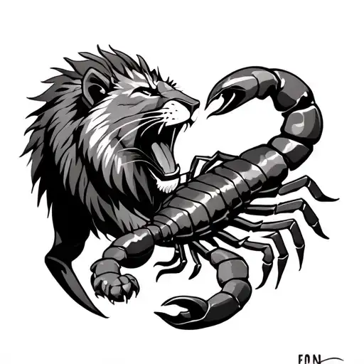 scorpion intertwined with a lion fighting each other tattoo design idea