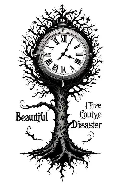 clock tattoo with tree and a word saying beautiful disaster tattoo design idea